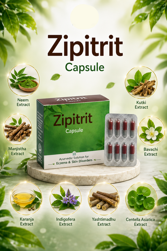 A promotional product graphic for Zipitrit Capsule by PharmSolutions. The image shows a green and white product box alongside a blister pack of red capsules, set on a marble pedestal against a soft green leafy background.